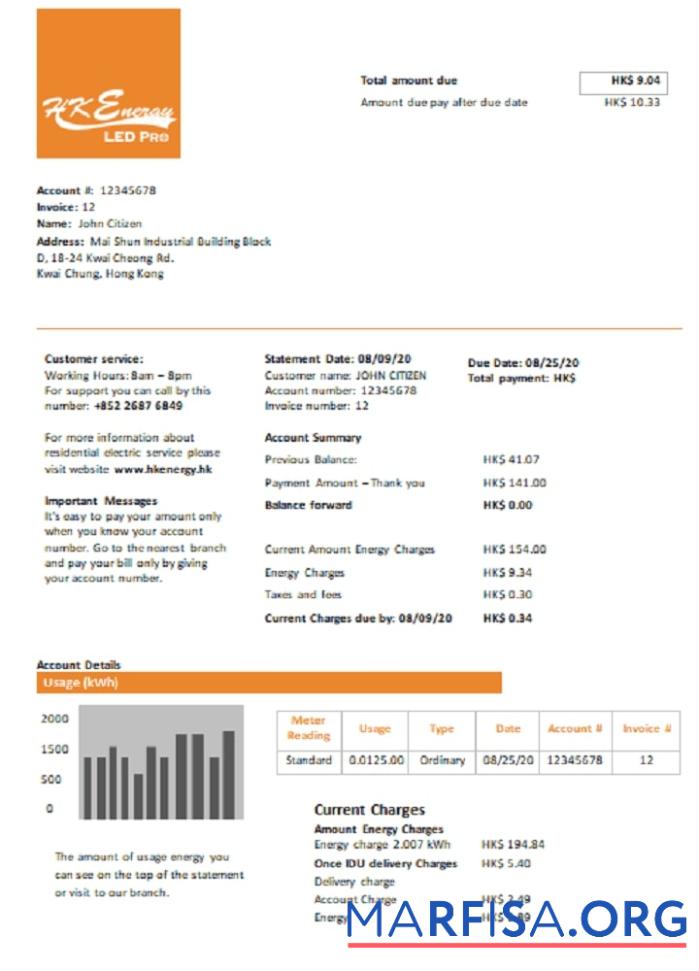 Printable Hong Kong Energy Ltd utility bill template